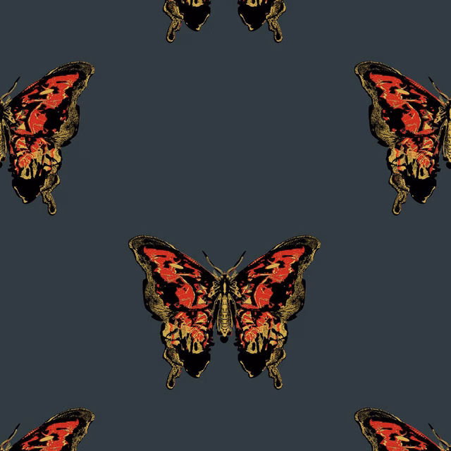 Butterfly Wallpaper Red & Gold on Black fabric