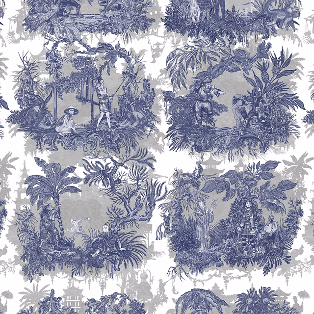 Chinoiserie Toile Wallpaper Frostbite fabric