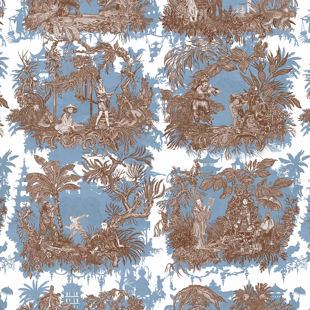 Chinoiserie Toile Wallpaper Ice Blue Latte fabric