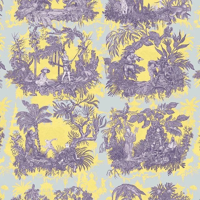 Chinoiserie Toile Wallpaper Lavender Custard fabric