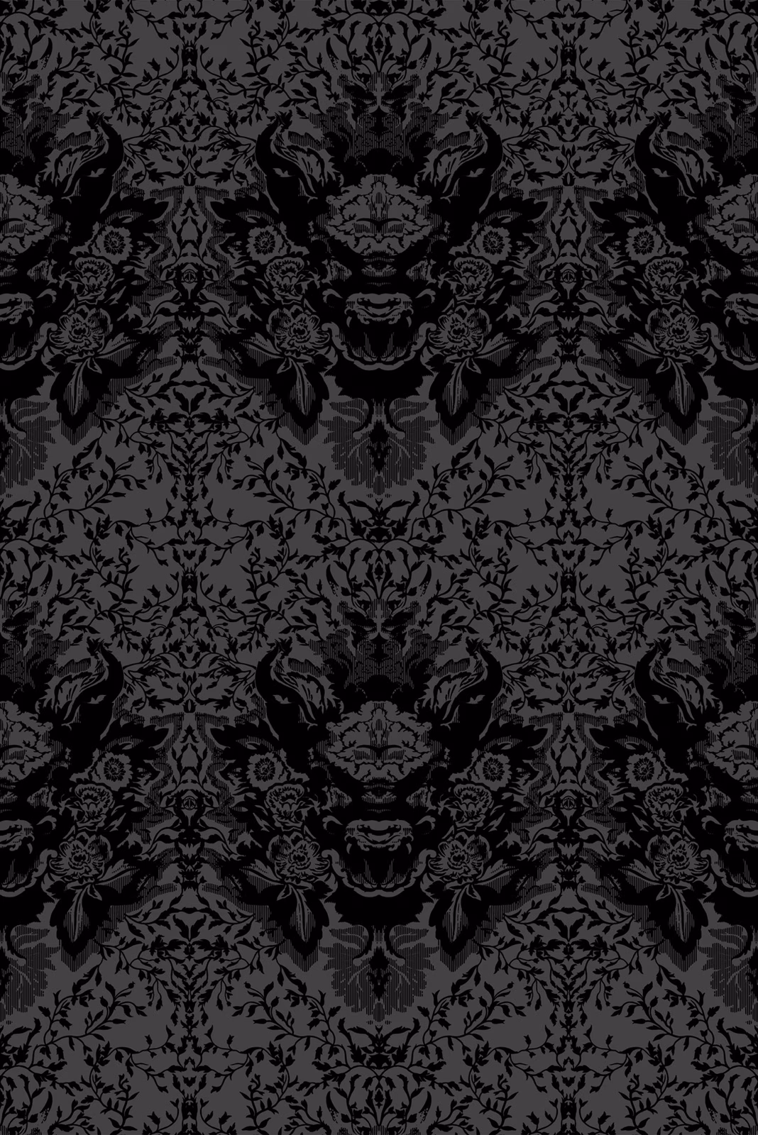 Devil Damask Flock Wallpaper Black on Carbon fabric