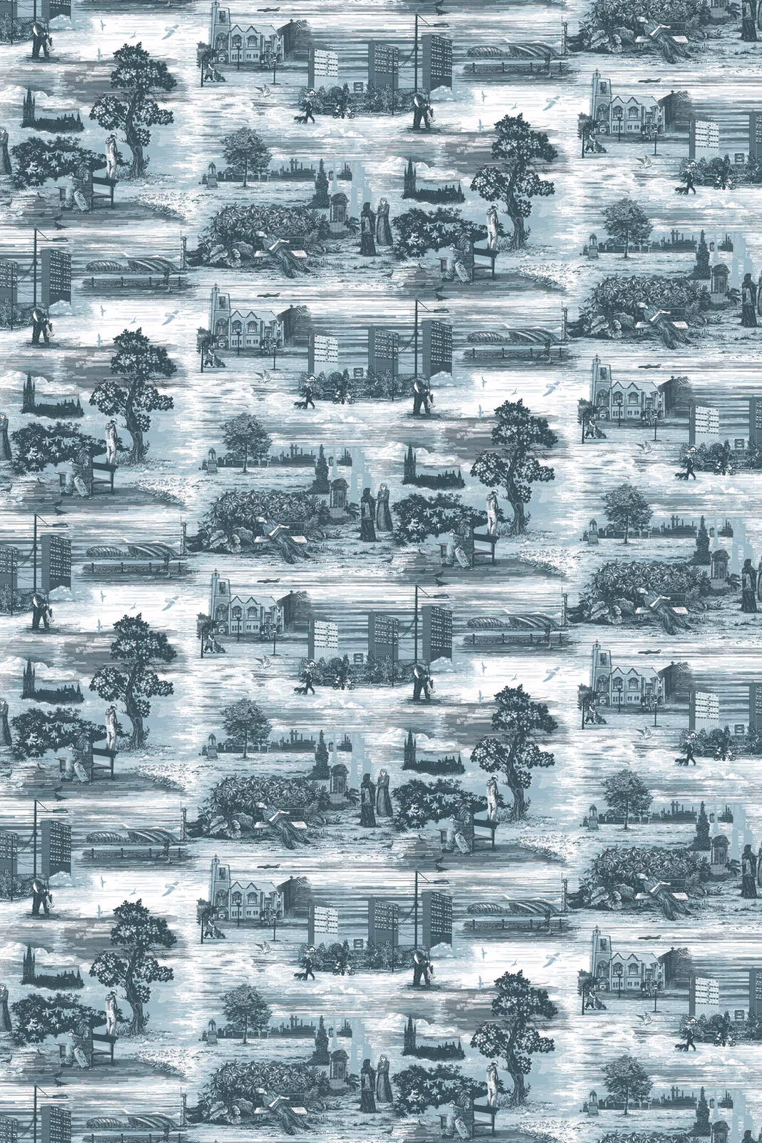 Glasgow Toile Wallpaper Blue fabric