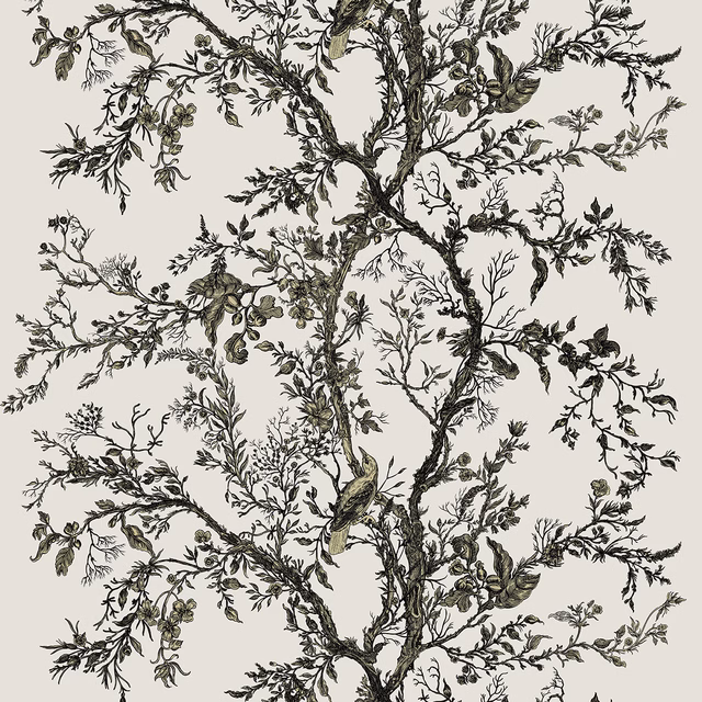 Golden Oriole Velvet Fabric Black & Gold on Beige fabric