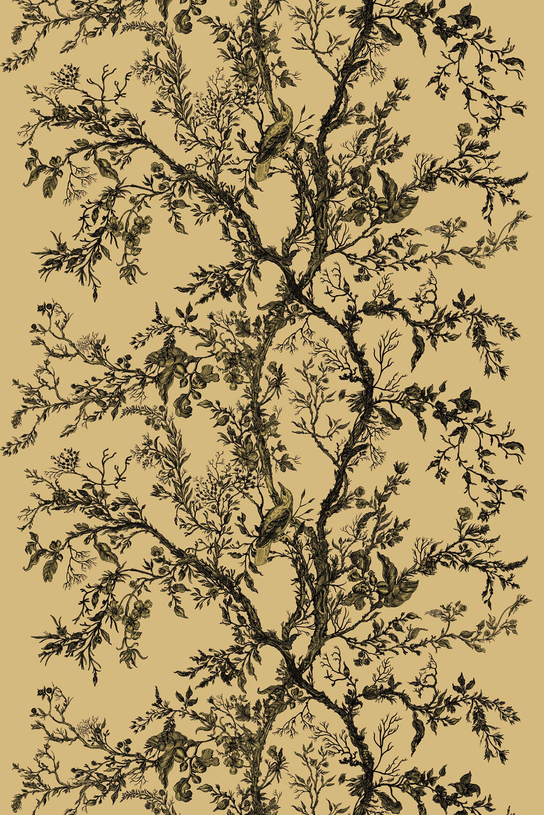 Golden Oriole Velvet Fabric Black & Gold on Gold fabric
