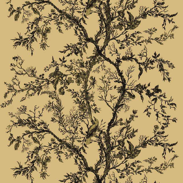 Golden Oriole Velvet Fabric Black & Gold on Gold fabric