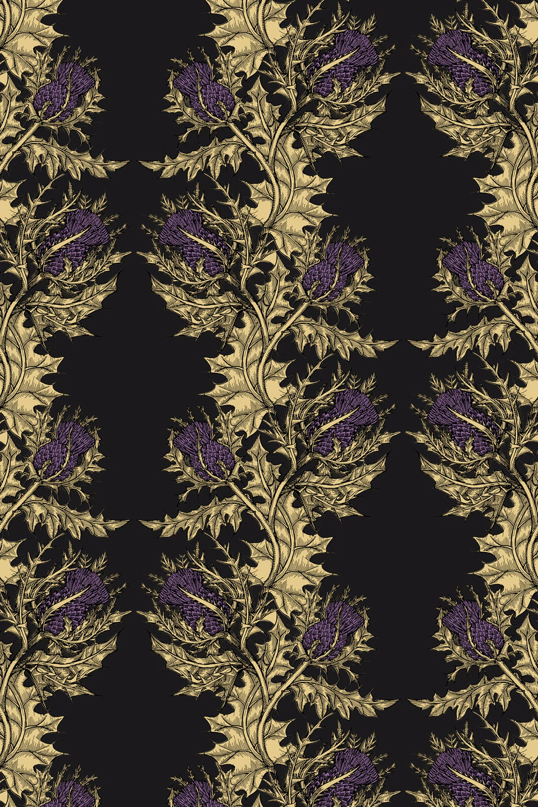Grand Thistle Wallpaper Gold & Purple on Black fabric