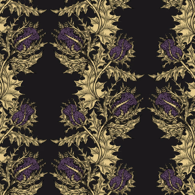 Grand Thistle Wallpaper Gold & Purple on Black fabric