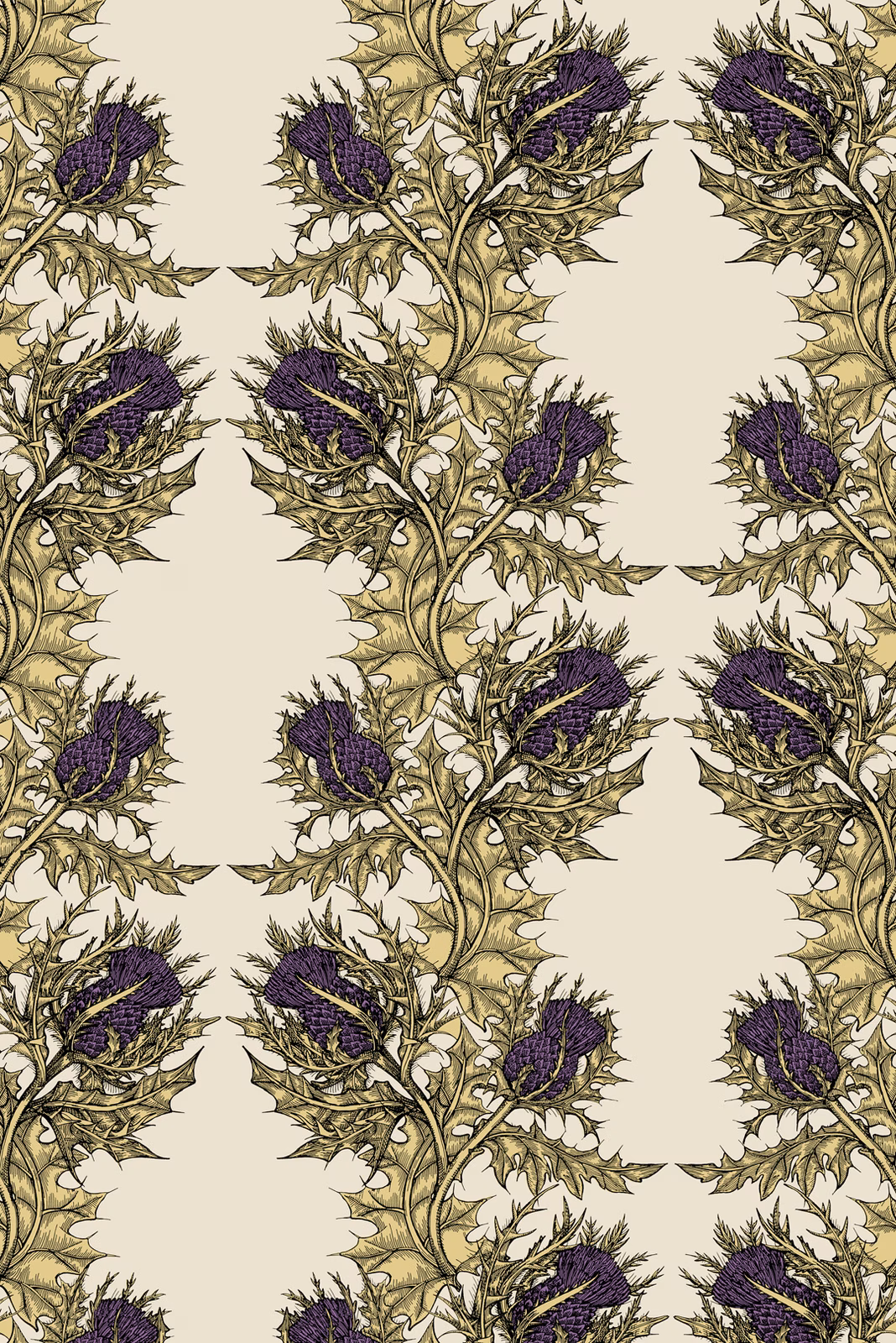 Grand Thistle Wallpaper Gold & Purple on Cream fabric