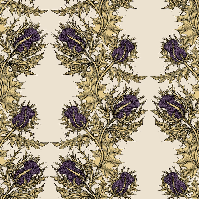 Grand Thistle Wallpaper Gold & Purple on Cream fabric