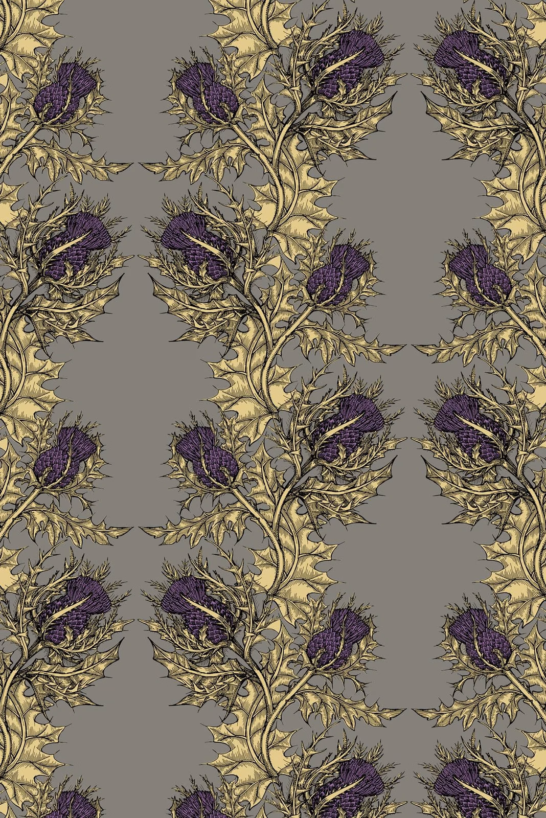 Grand Thistle Wallpaper Gold & Purple on Grey fabric
