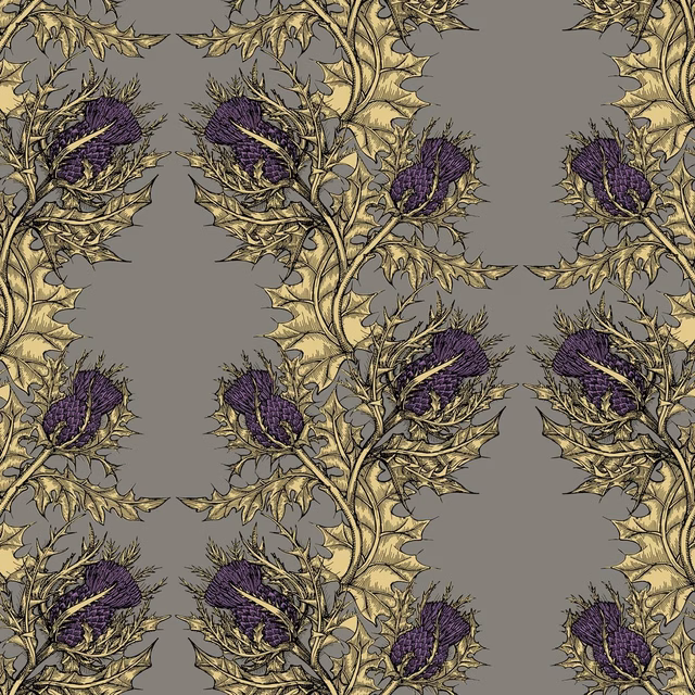 Grand Thistle Wallpaper Gold & Purple on Grey fabric