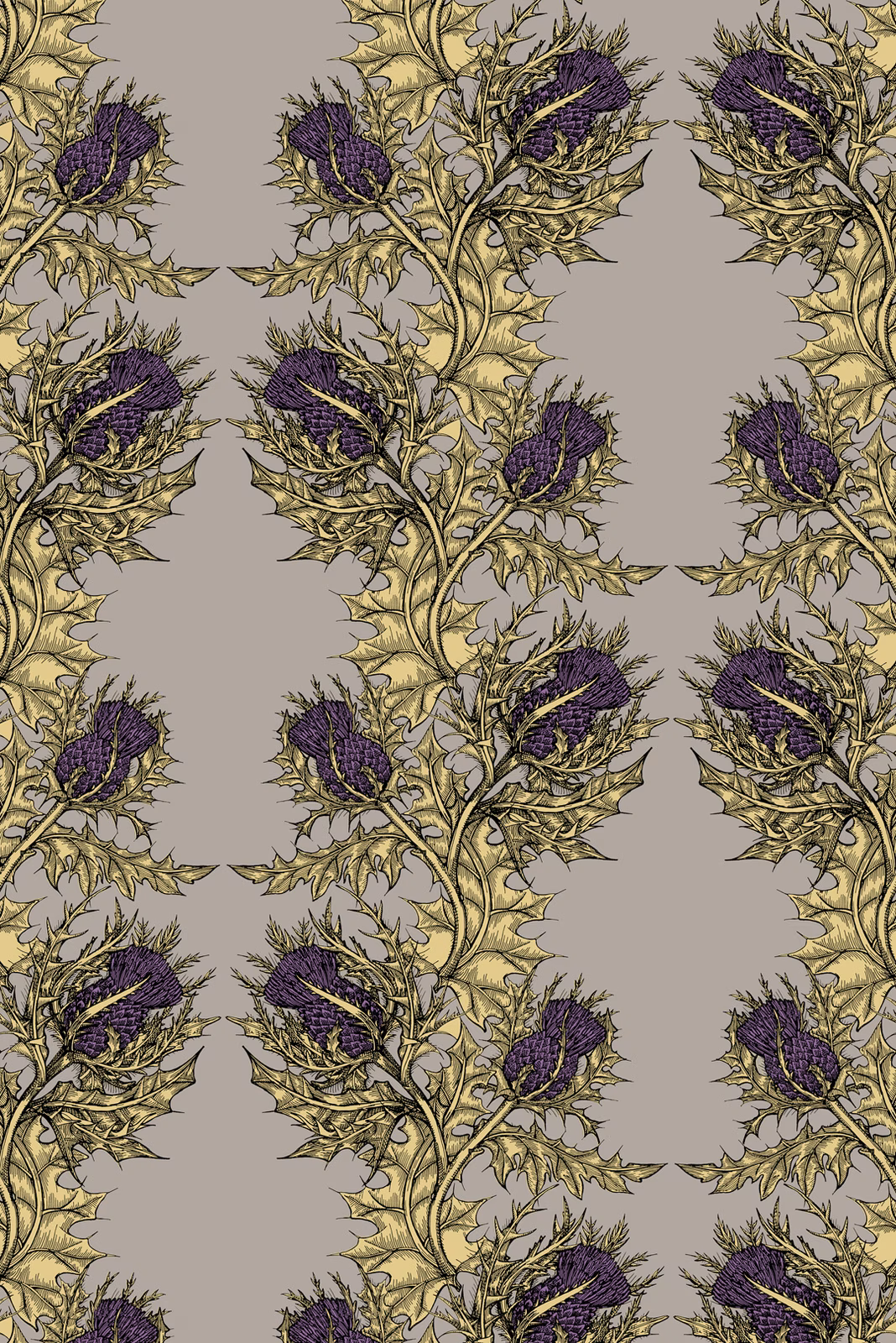 Grand Thistle Wallpaper Gold & Purple on Stone fabric