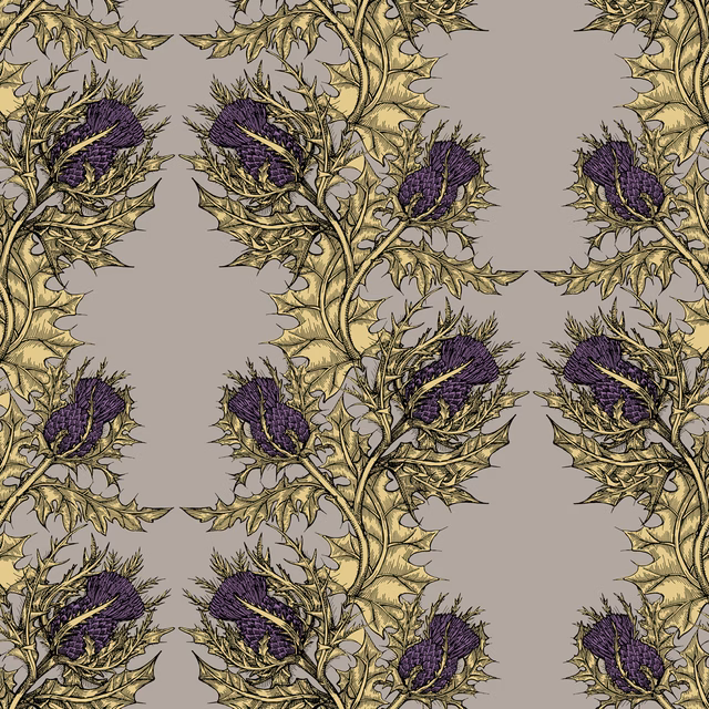 Grand Thistle Wallpaper Gold & Purple on Stone fabric