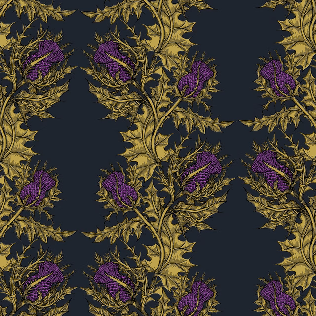 Grand Thistle Hand Printed Wallpaper Gold & Purple on Black fabric