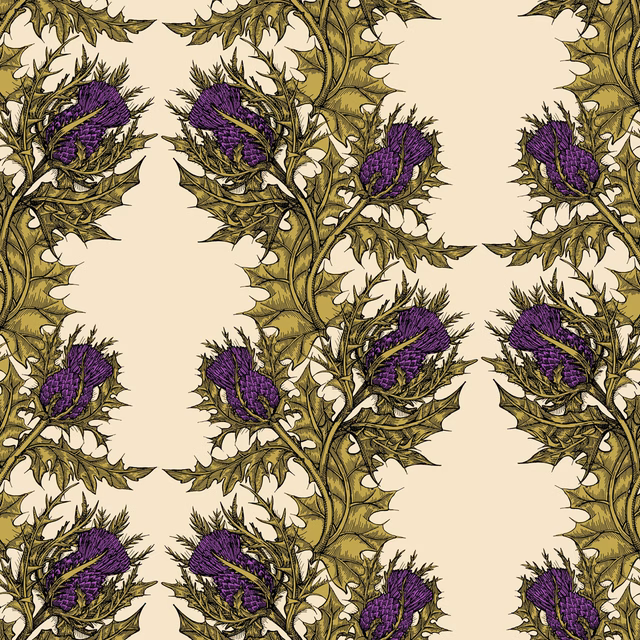 Grand Thistle Hand Printed Wallpaper Gold & Purple on Cream fabric