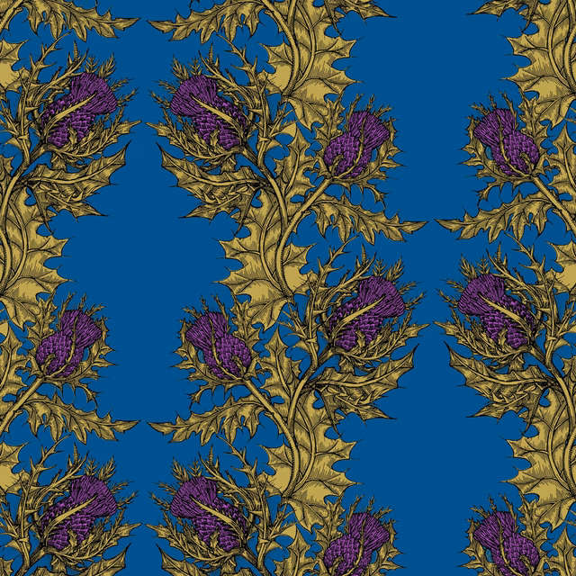 Grand Thistle Hand Printed Wallpaper Gold & Purple on Dark Blue fabric