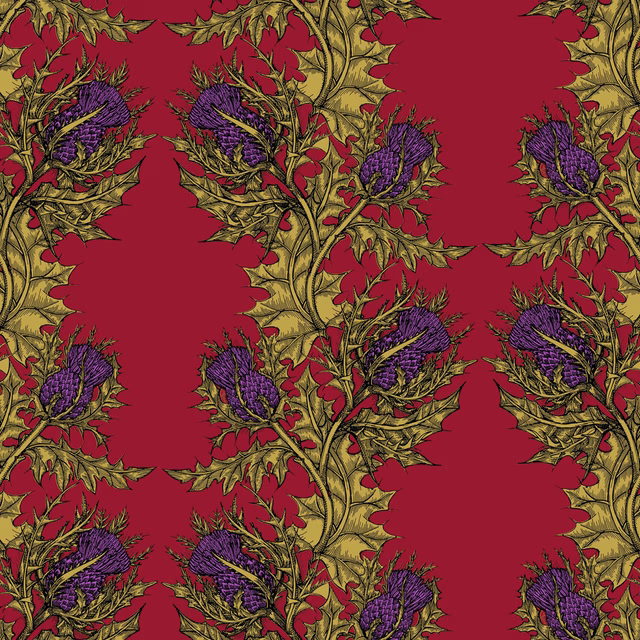 Grand Thistle Hand Printed Wallpaper Gold & Purple on Red fabric