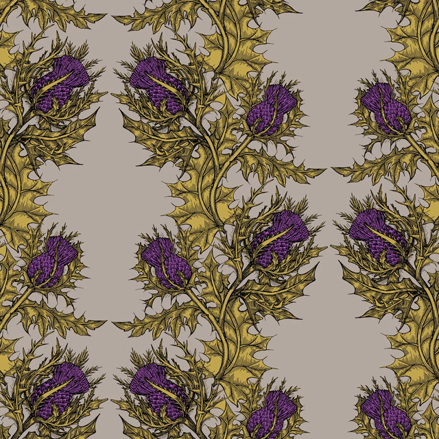 Grand Thistle Hand Printed Wallpaper Gold & Purple on Stone fabric