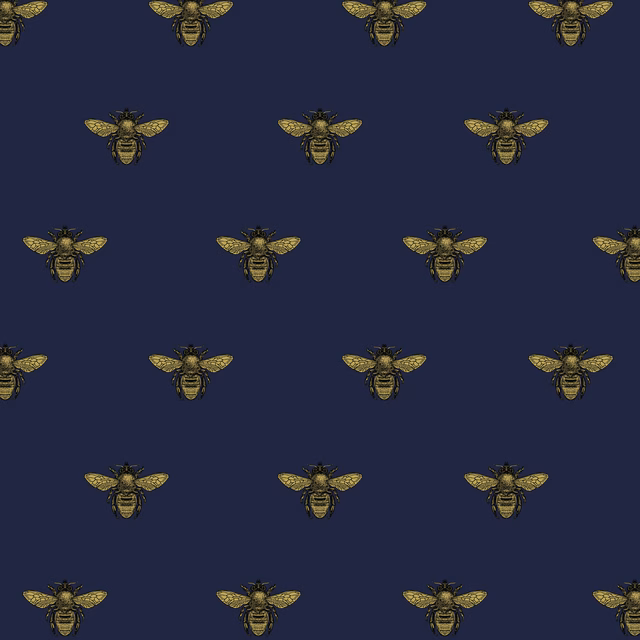Honey Bee Velvet Fabric Black & Pale Gold on Navy fabric