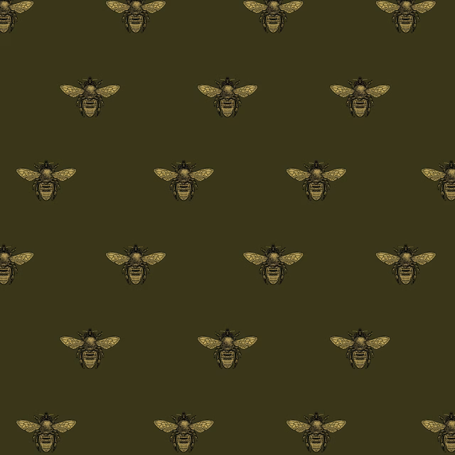 Honey Bee Velvet Fabric Black & Pale Gold on Olive fabric
