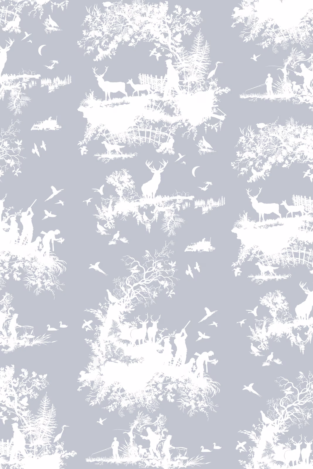 Hunting Toile Wallpaper White on Pale Blue fabric