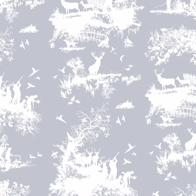 Hunting Toile Wallpaper White on Pale Blue fabric