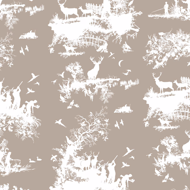 Hunting Toile Wallpaper White on Stone fabric