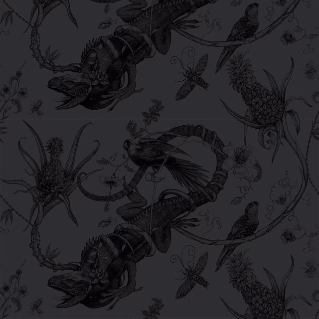 Iguana Superwide Wallpaper Black on Black fabric