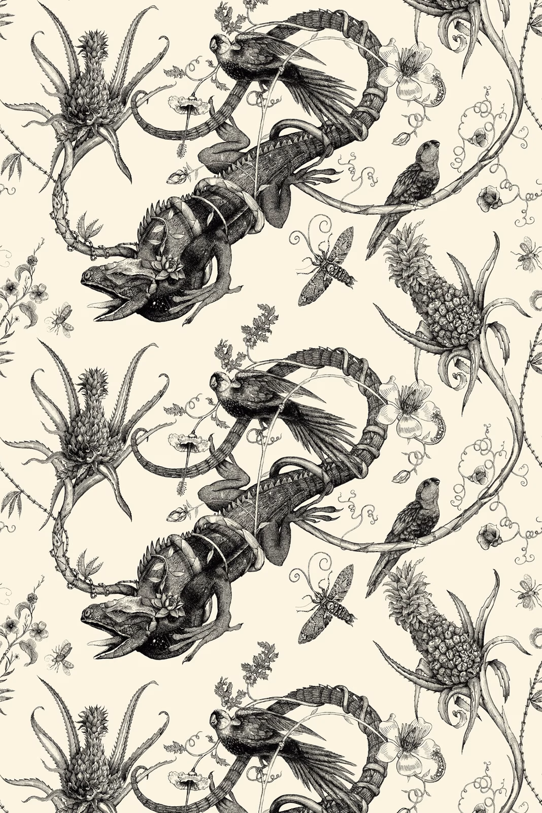 Iguana Superwide Wallpaper Black on Ivory fabric