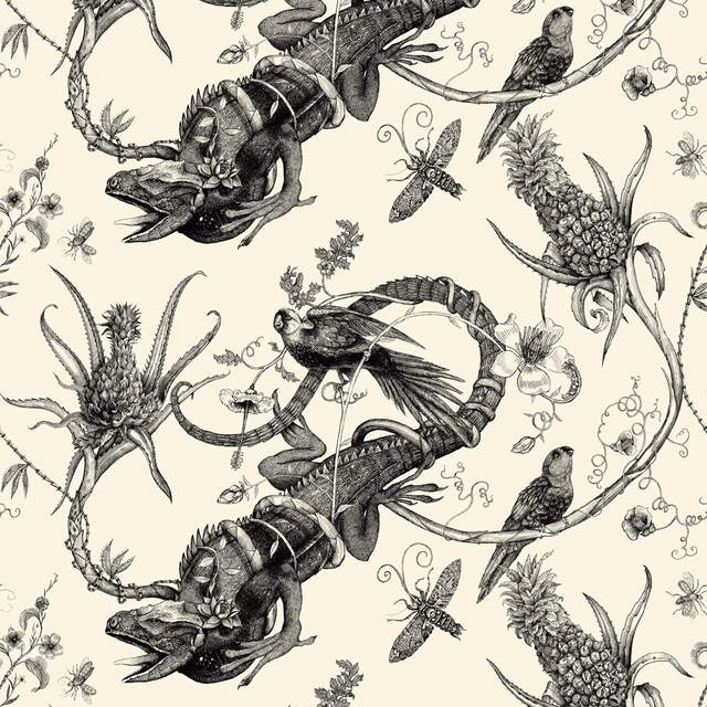 Iguana Superwide Wallpaper Black on Ivory fabric