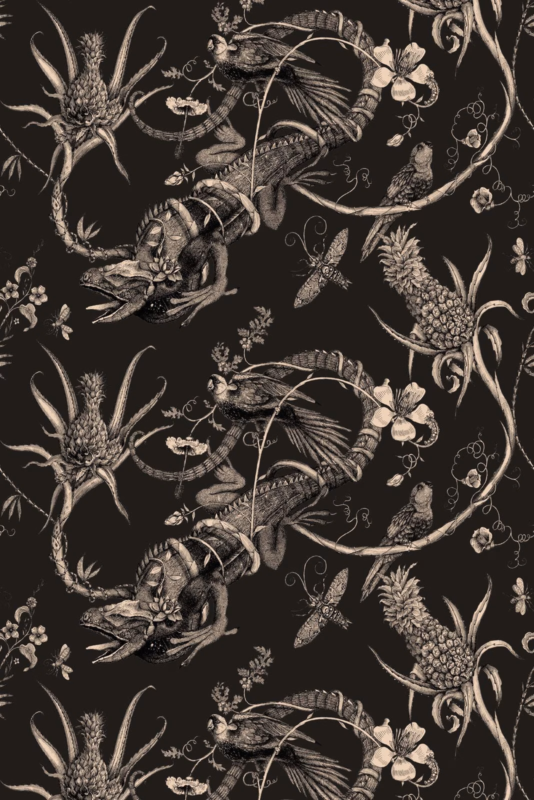 Iguana Superwide Wallpaper Bronze on Brown fabric