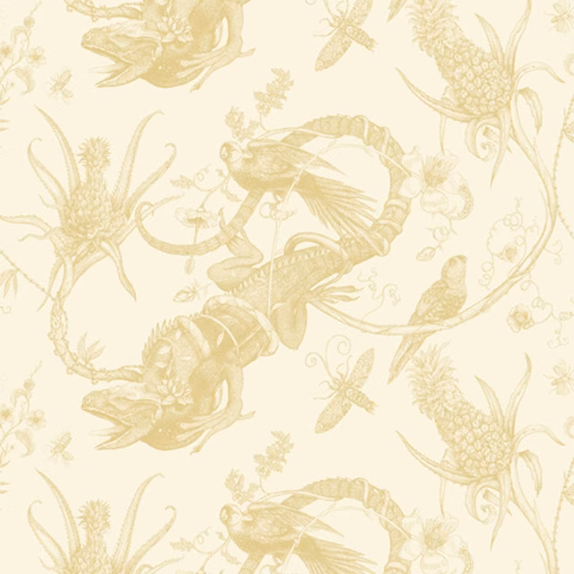 Iguana Superwide Wallpaper Gold on Ivory fabric