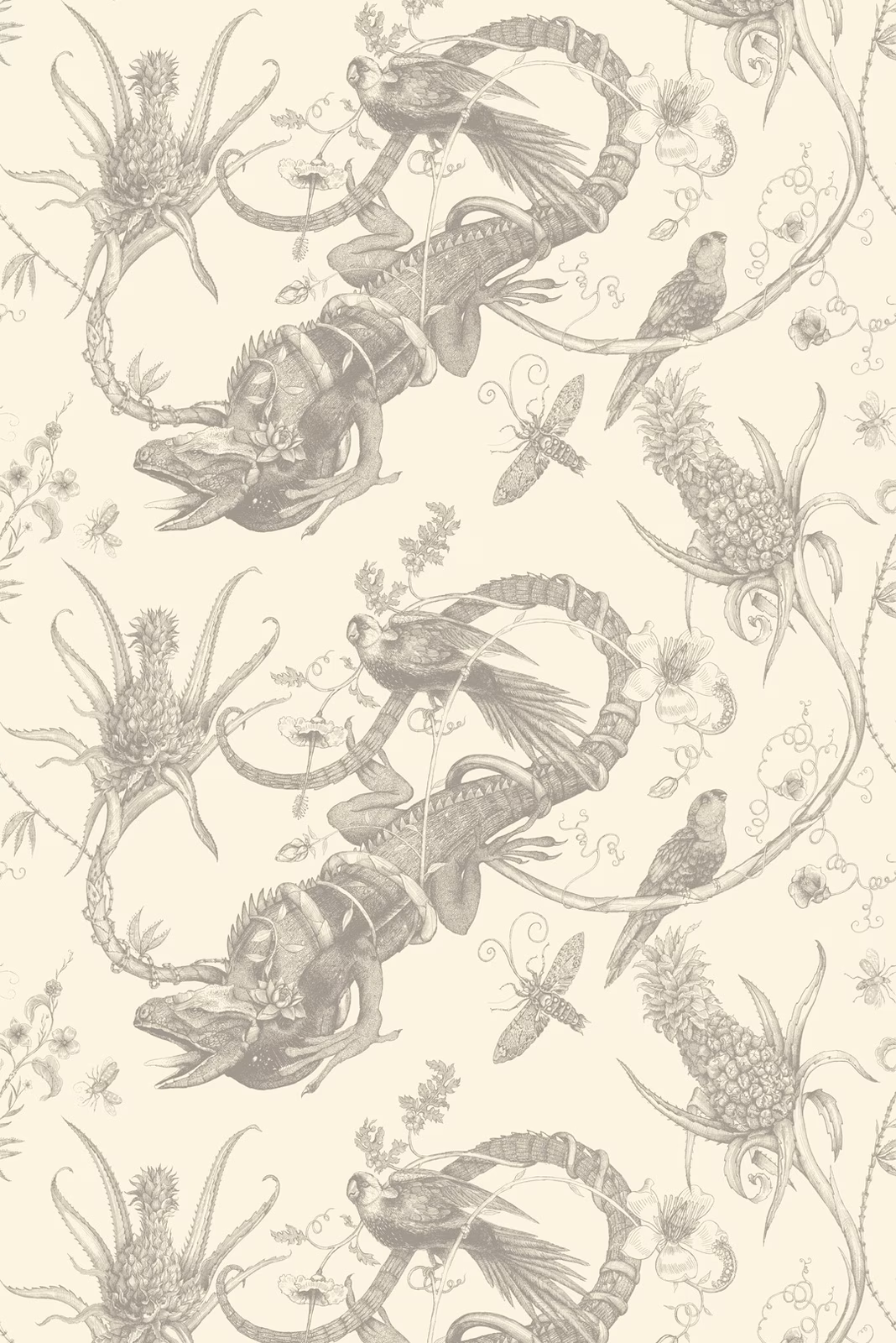 Iguana Superwide Wallpaper Grey on Ivory fabric