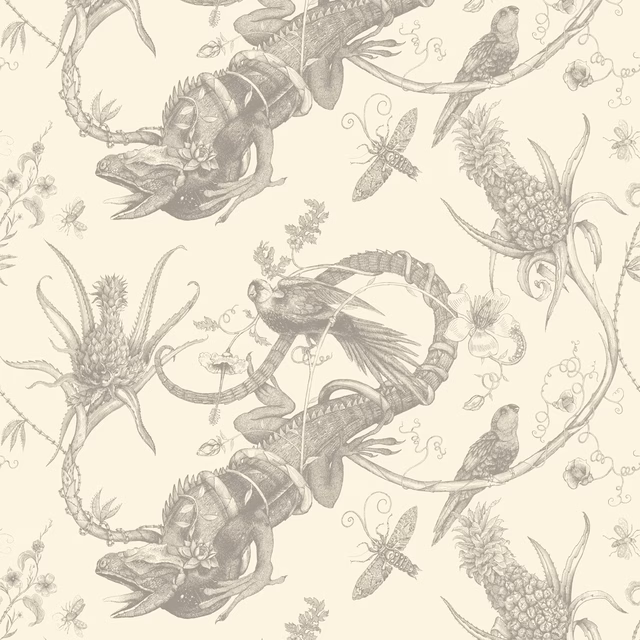 Iguana Superwide Wallpaper Grey on Ivory fabric