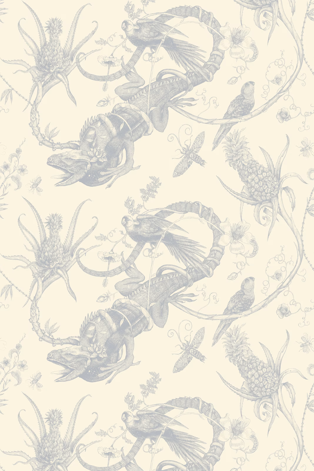 Iguana Superwide Wallpaper Silver on Ivory fabric