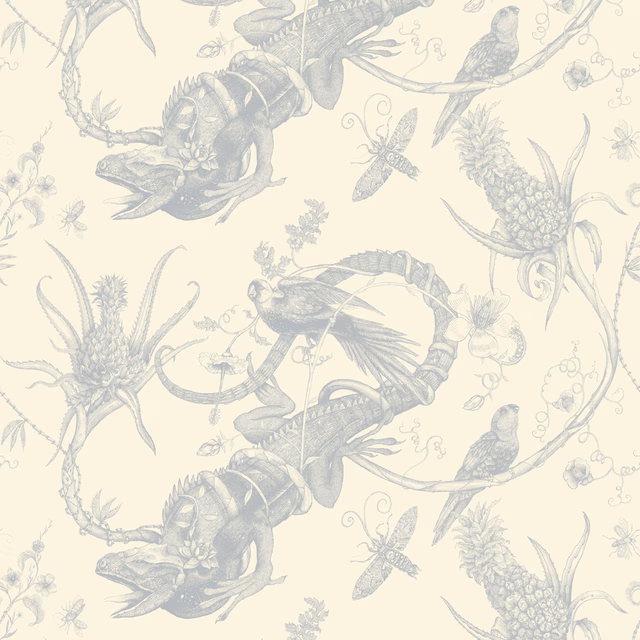 Iguana Superwide Wallpaper Silver on Ivory fabric