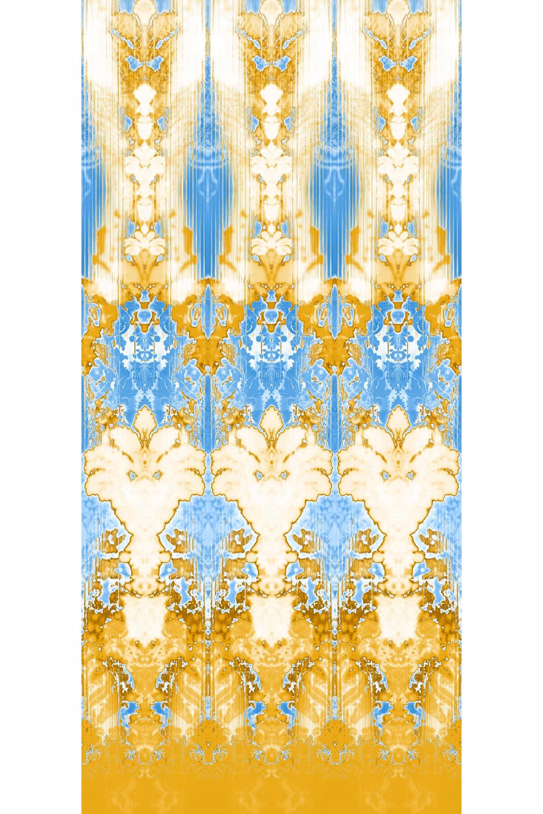 Ikat Damask Wallpaper Panels Blues, Gold and White fabric