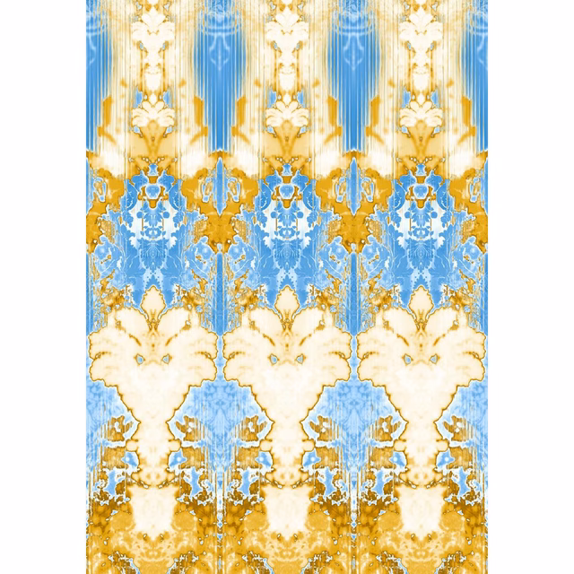 Ikat Damask Wallpaper Panels Blues, Gold and White fabric