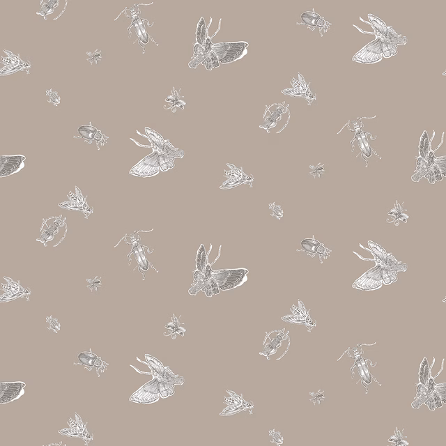 Insect Wallpaper Beige & White on Stone fabric