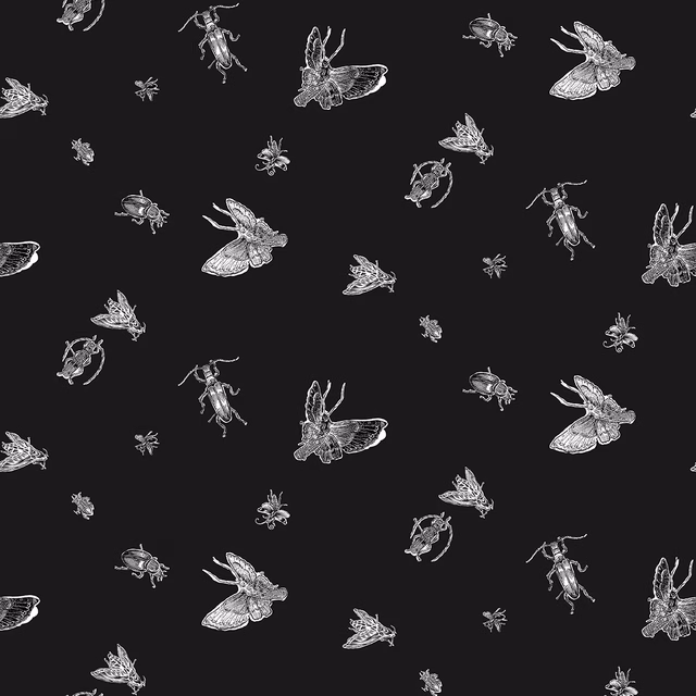 Insect Wallpaper White & Black on Black fabric