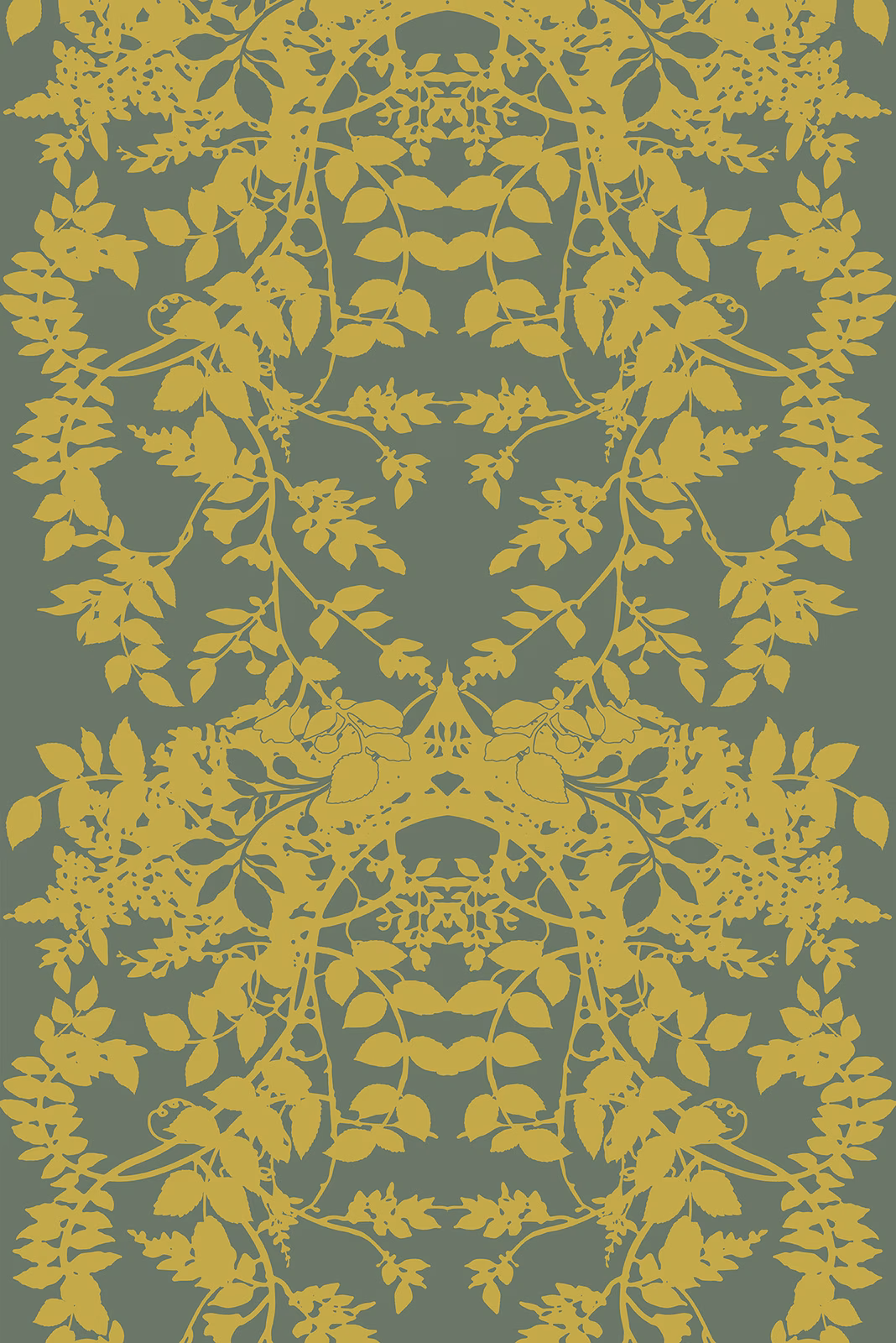 Leaf Superwide Wallpaper Gold on Dark Sage fabric