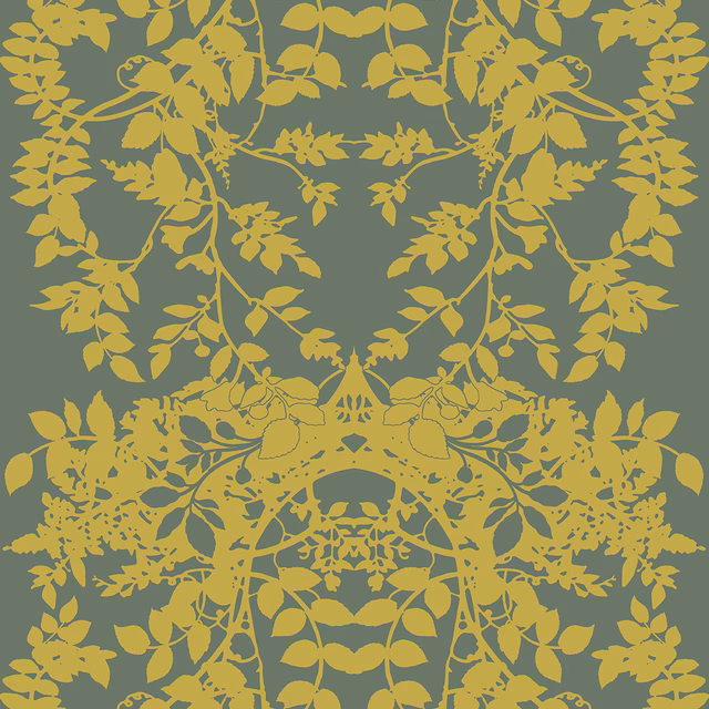 Leaf Superwide Wallpaper Gold on Dark Sage fabric