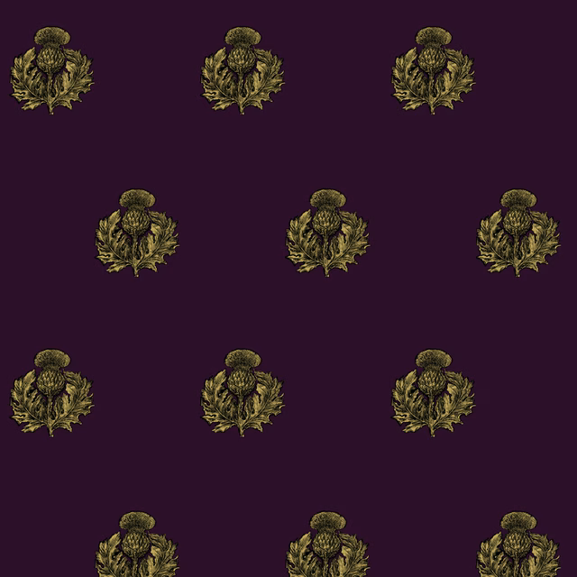 Little Thistle Velvet Fabric Black & Pale Gold on Aubergine fabric
