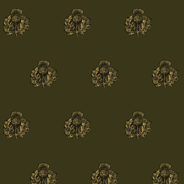 Little Thistle Velvet Fabric Black & Pale Gold on Olive fabric