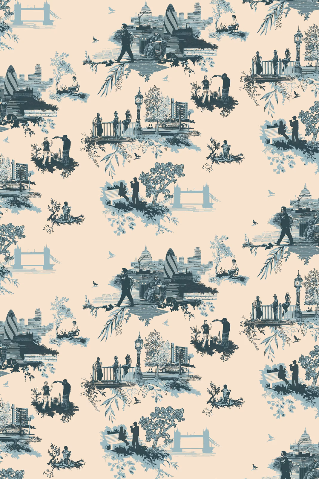 London Toile Wallpaper Blues on Cream fabric