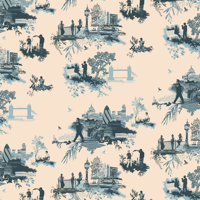 London Toile Wallpaper Blues on Cream fabric
