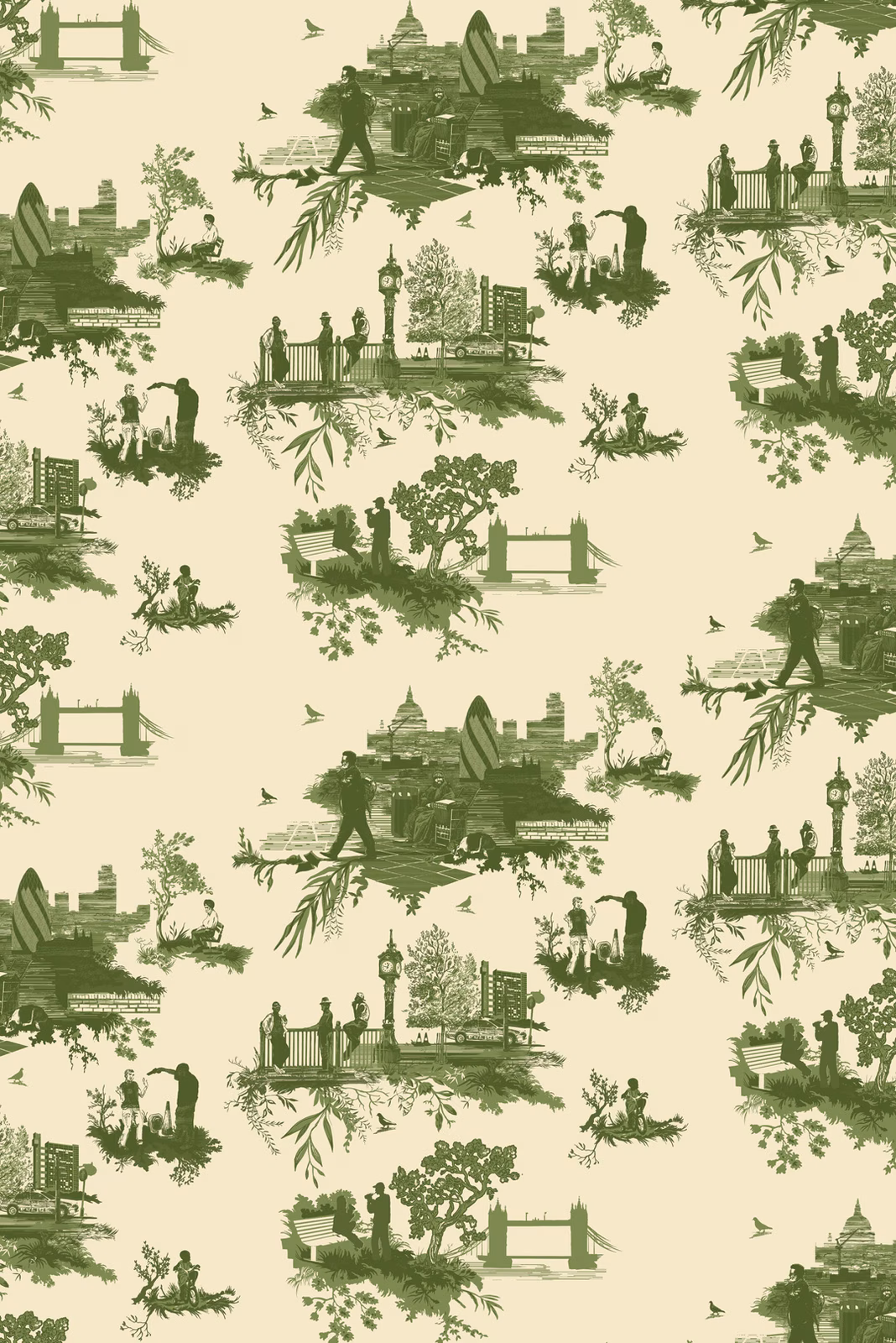 London Toile Wallpaper Greens on Cream fabric