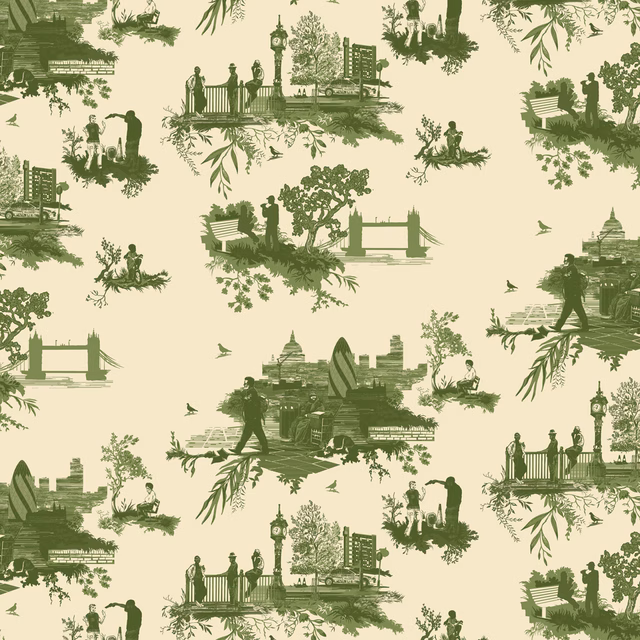 London Toile Wallpaper Greens on Cream fabric