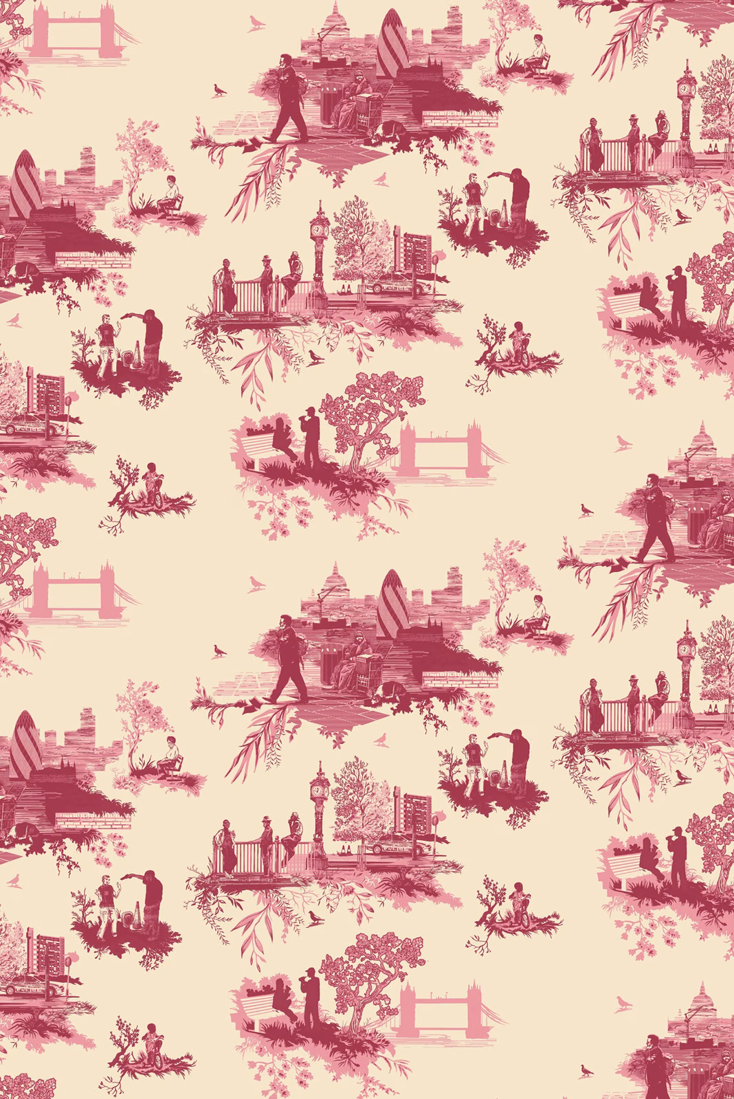 London Toile Wallpaper Red & Pink on Cream fabric