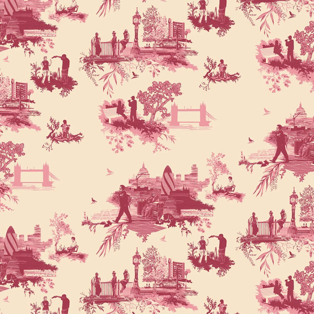 London Toile Wallpaper Red & Pink on Cream fabric